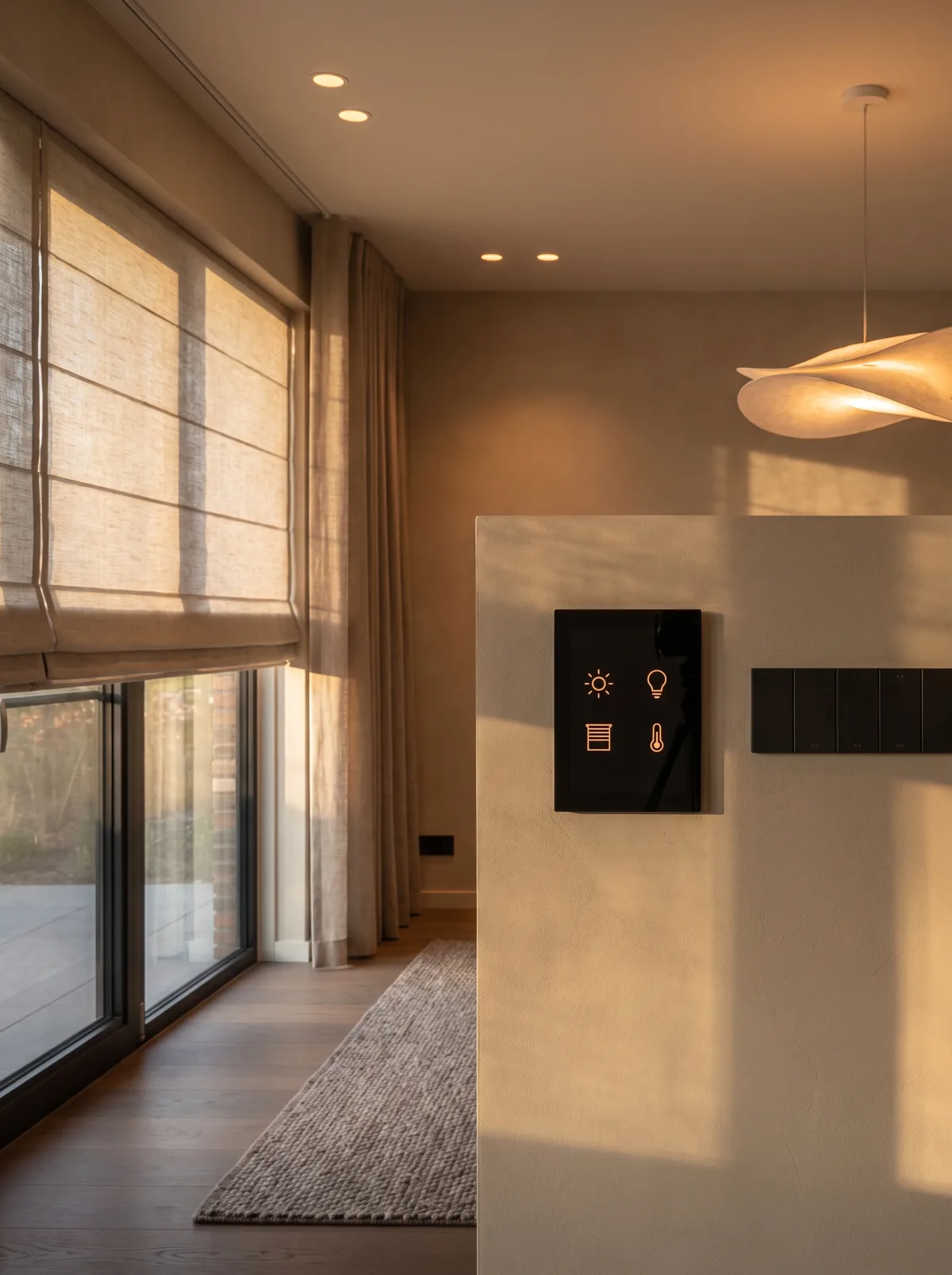 Woonkamer met een bedieningspaneel voor verlichting, zonwering en verwarming