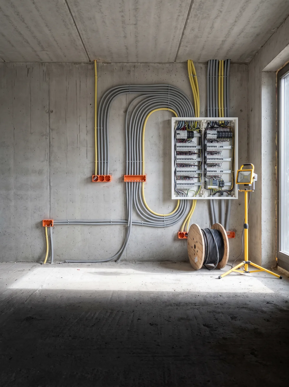 Nieuwbouwwoning in aanbouw met leidingen, inbouwdozen en een open groepenkast