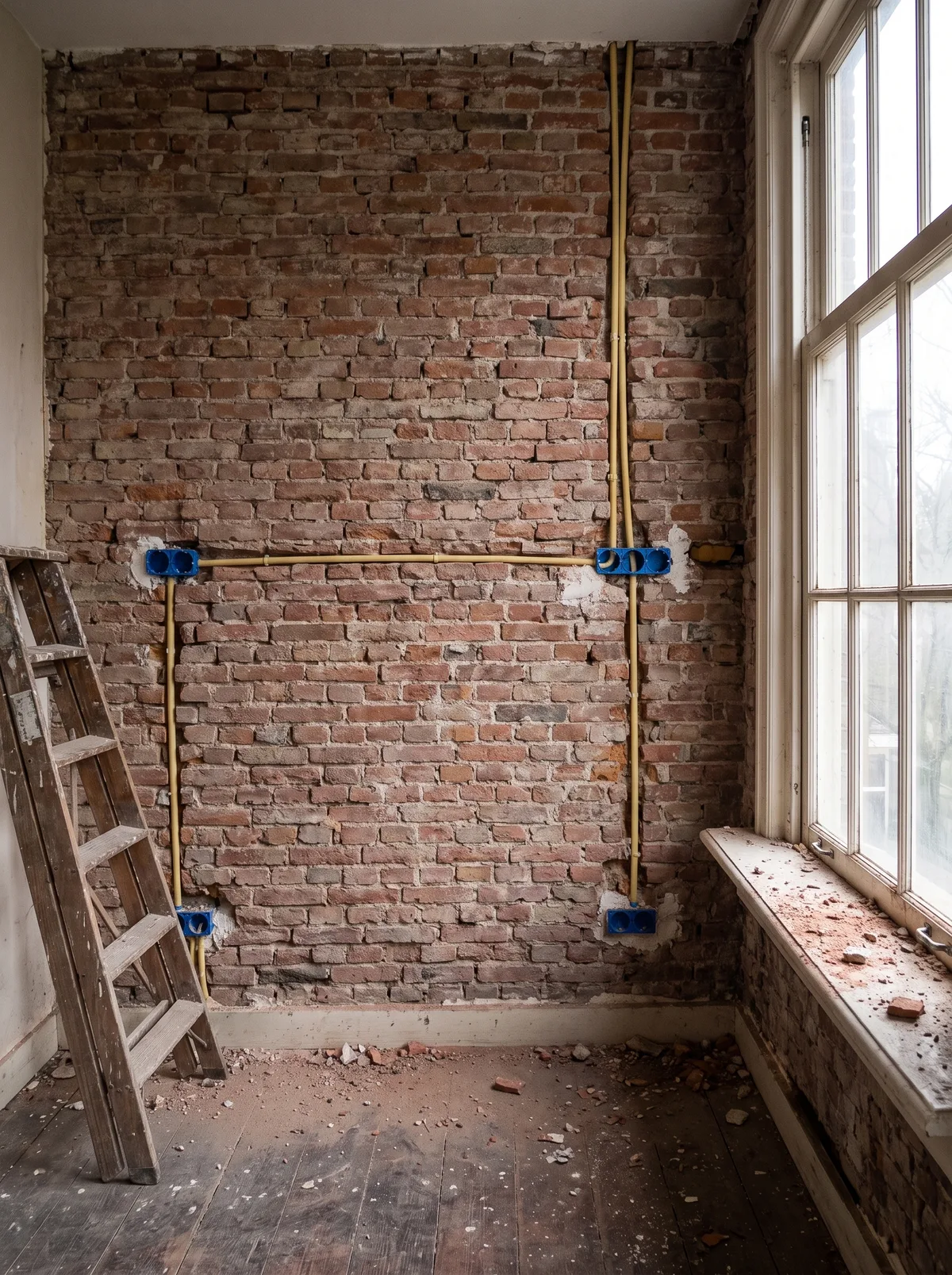 Oude bakstenen muur met nieuwe sleuven, leidingen en inbouwdozen