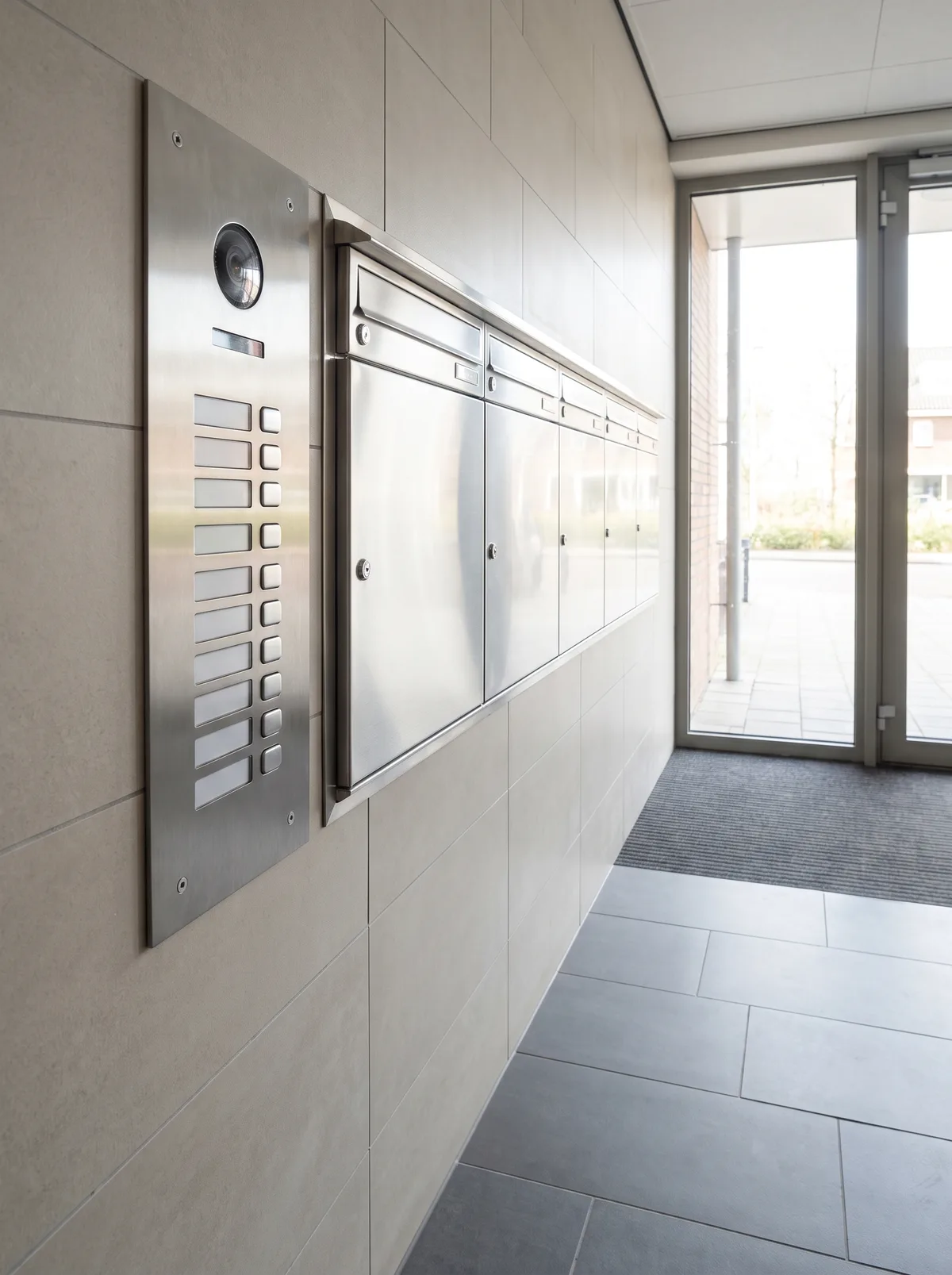 Nieuw intercompaneel en brievenbussen in de hal van een appartementencomplex